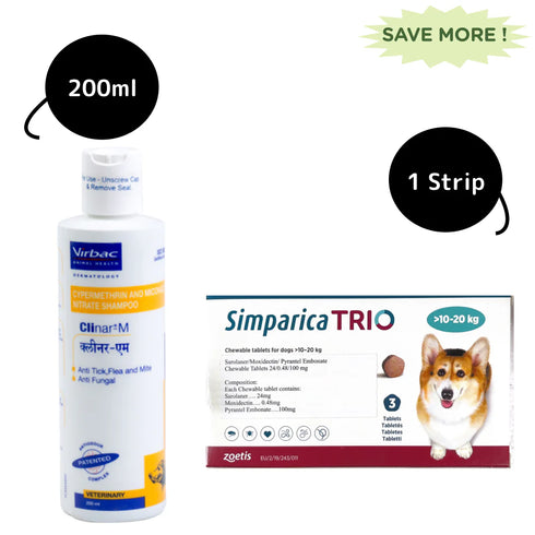 Zoetis Simaprica Trio tablet (10-20kg) and Virbac Clinar M Shampoo Tick & Flea Control Combo fo Dogs