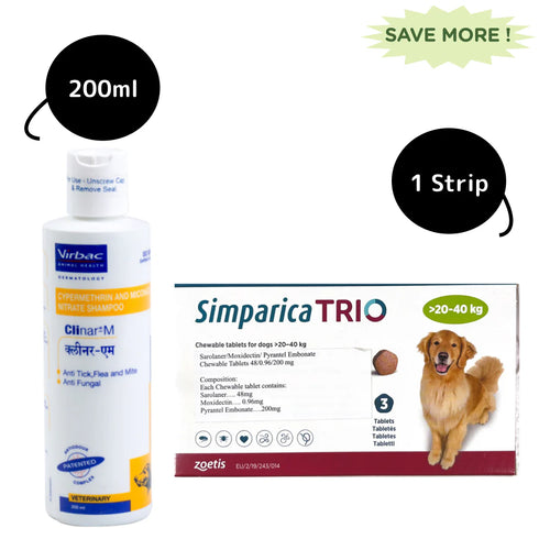 Zoetis Simaprica Trio tablet (20-40kg) and Virbac Clinar M Shampoo Tick & Flea Control Combo fo Dogs