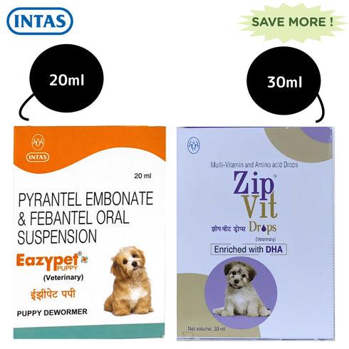Intas Eazypet Dewormer and Zipvit Drops Multivitamin Supplement for puppies combo