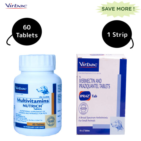 Virbac Ipraz Dewormer and Nutirch Multi Vitamin Tablets for Dogs Combos