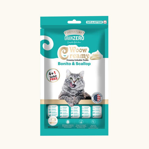 Signature Grain Zero Woow Creamy Bonito & Scallop Lickable Treats for Cat & Kitten – 75 g