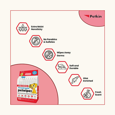 Petkin Germ Removal Travel Pack Pet Wipes - 100 Pcs