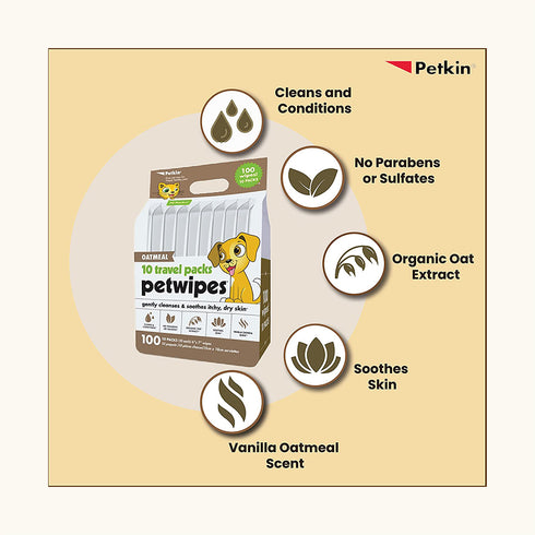 Petkin Oatmeal Travel Pack Pet Wipes - 100 Pcs