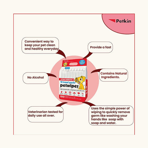 Petkin Germ Removal Travel Pack Pet Wipes - 100 Pcs